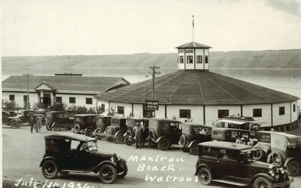 Cars parked at the Arcade Pavilion, Manitou Beach, July 1, 1926