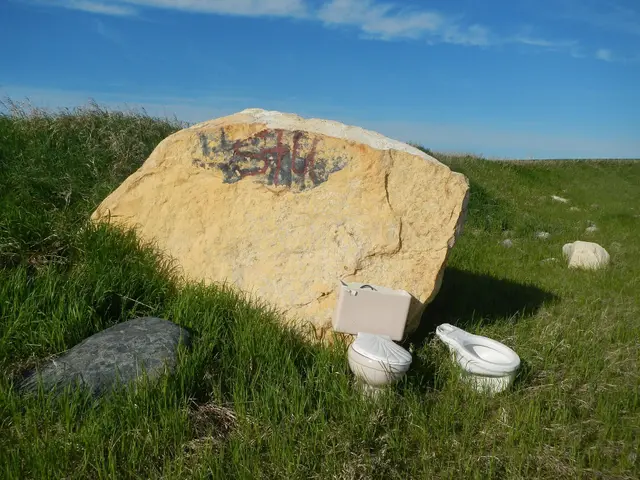 Painted boulder and toilets in a prairie field