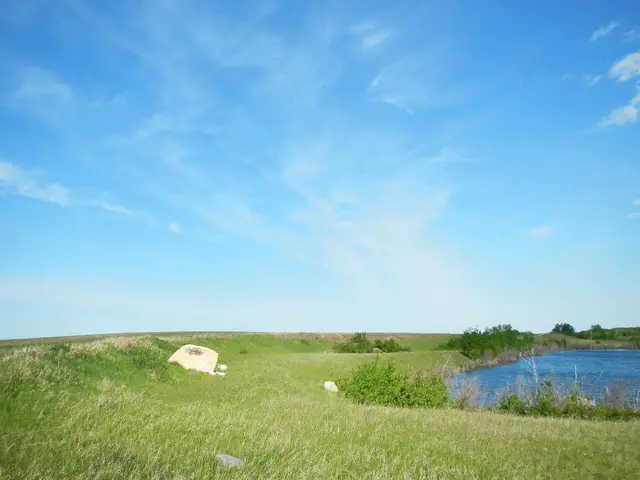 Prairie grassland and slough under blue sky